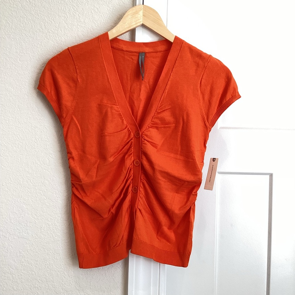 Anthropologie Cardigan Ruched Short-Sleeve V-Neck Sweater NEW Orange - Picture 5 of 12